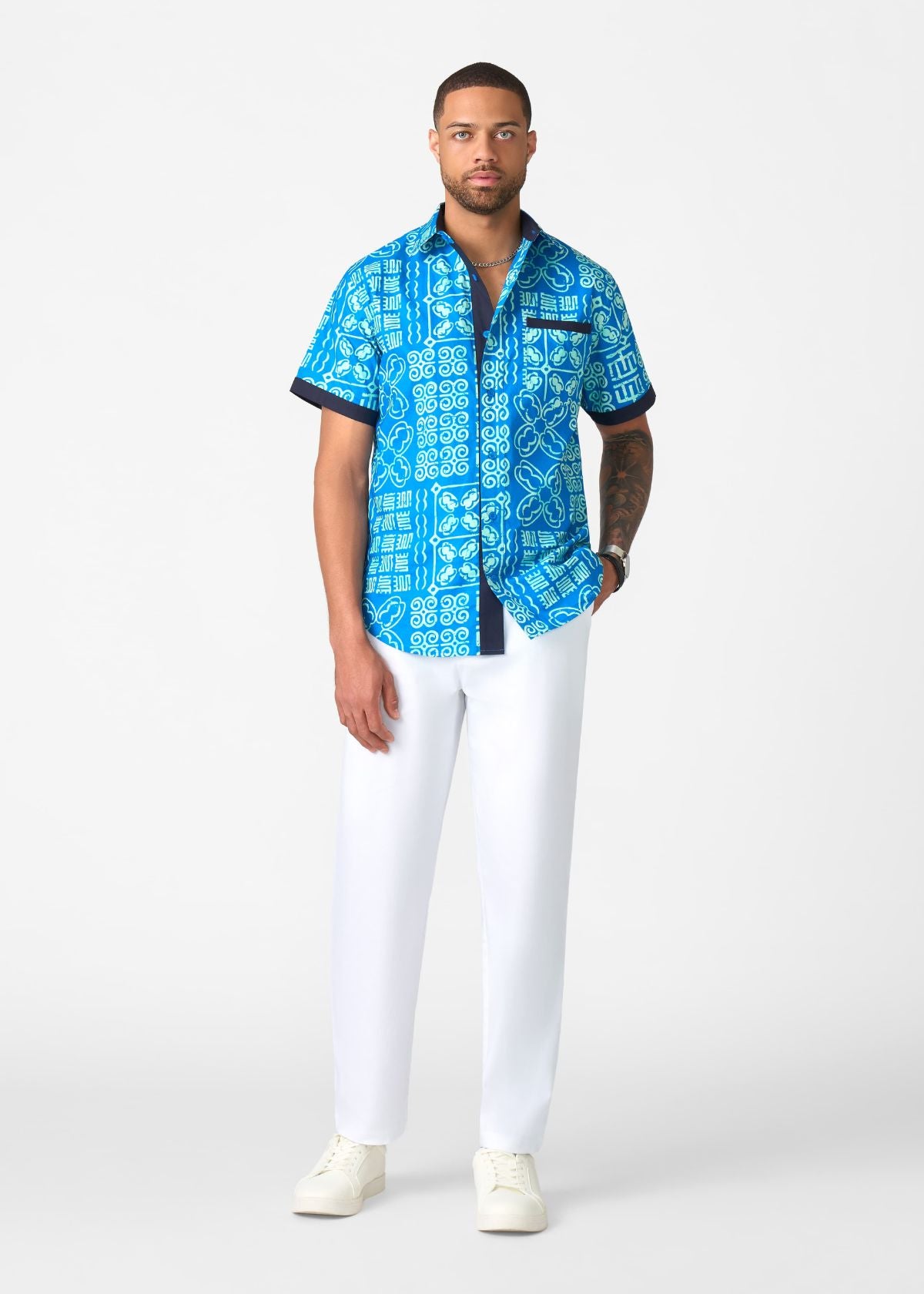 Deion Men's African Print Button-Up Shirt (Cool Blue Adire) - D'IYANU