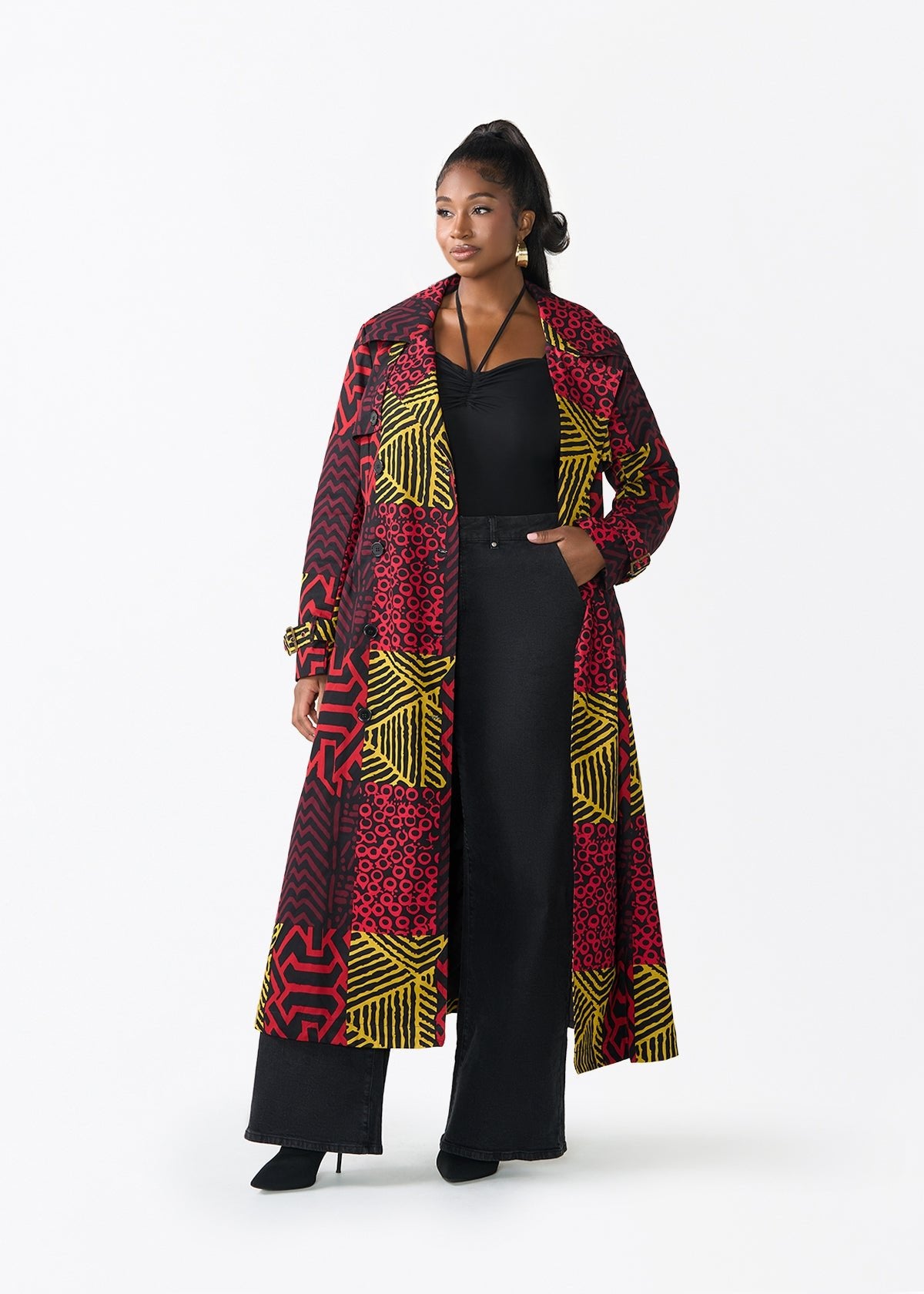 Ebony Women's African Print Utility Trench Coat (Black Cherry Multipattern) - D'IYANU