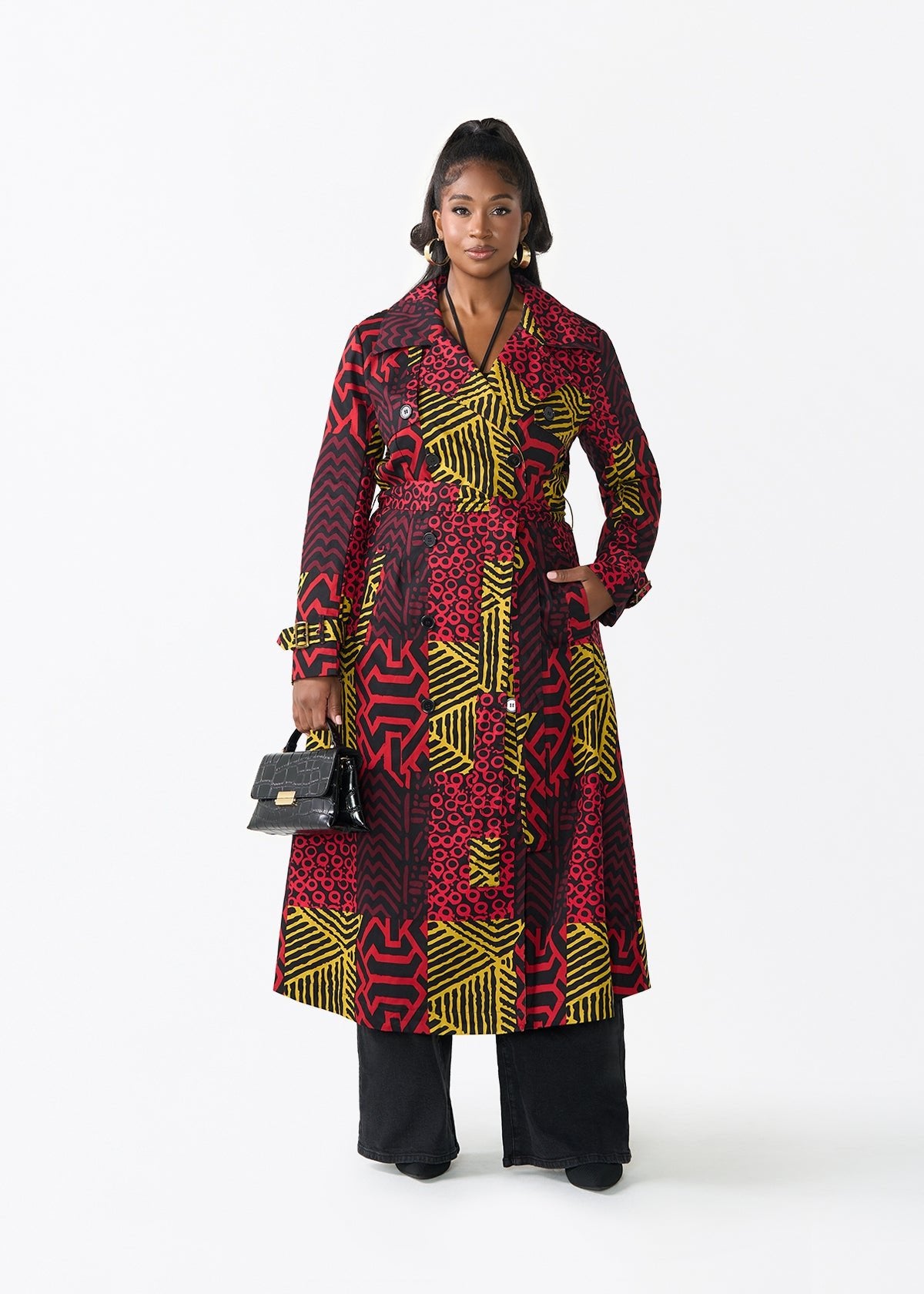 Ebony Women's African Print Utility Trench Coat (Black Cherry Multipattern) - D'IYANU