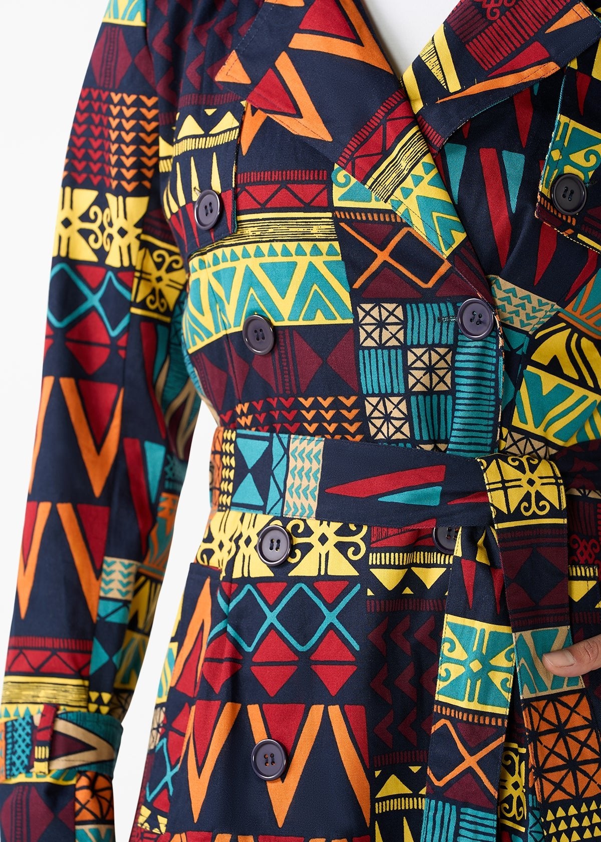 Ebony Women's African Print Utility Trench Coat (Navy Multicolor Kente) - D'IYANU