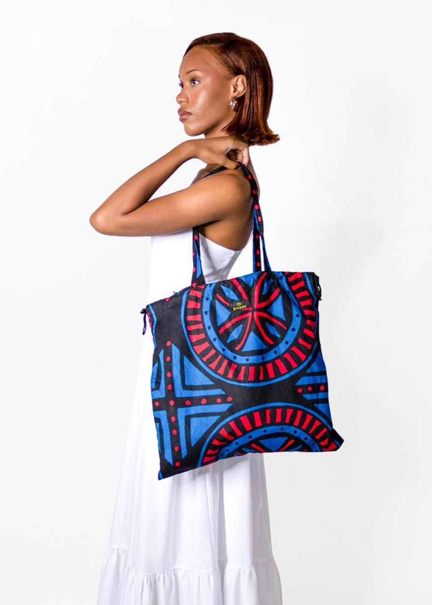 Ebuni African Print Tote Bag (Blue Red Tiles) - D'IYANU