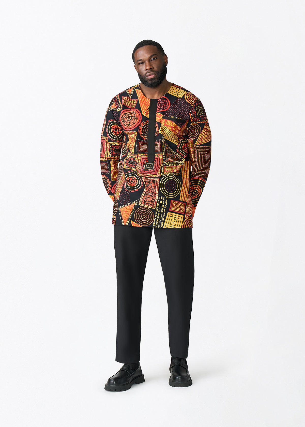 Ejiro Men's African Print Traditional Top (Black Cinnamon Geometric) - D'IYANU