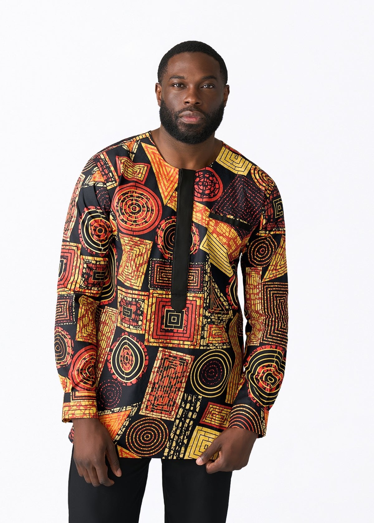 Ejiro Men's African Print Traditional Top (Black Cinnamon Geometric) - D'IYANU