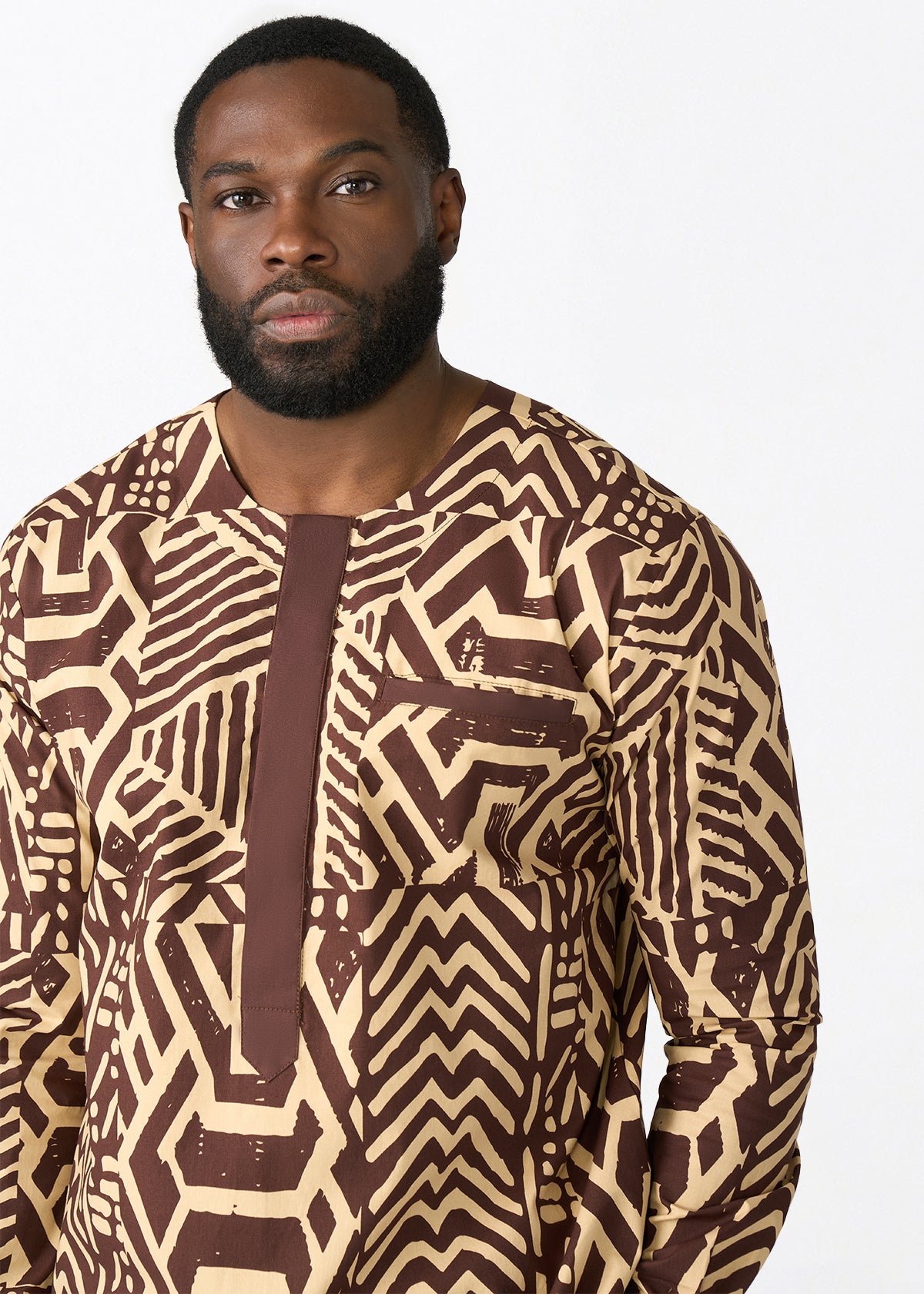 Ejiro Men's African Print Traditional Top (Chocolate Mousse Tribal) - D'IYANU