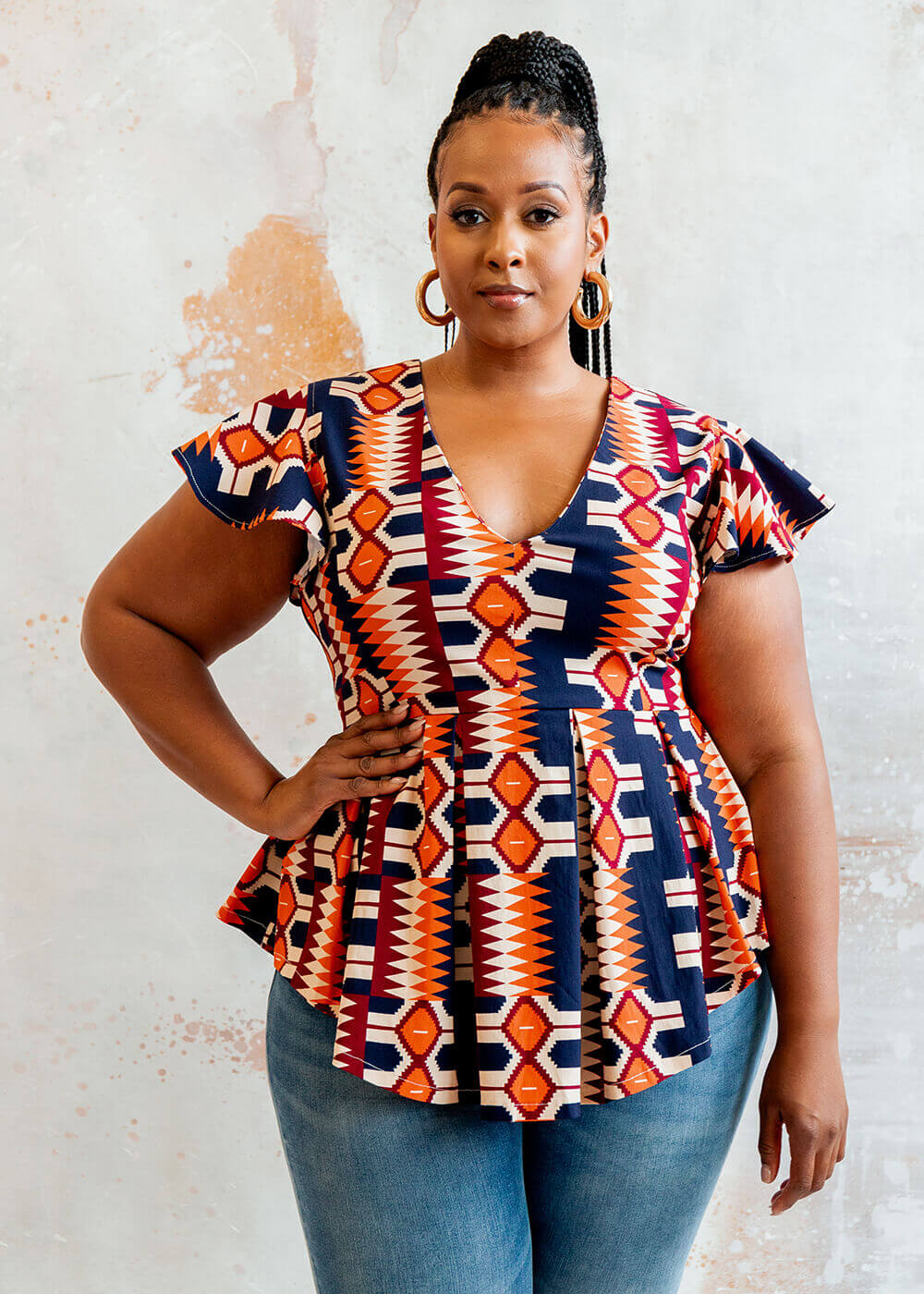 Zera Women's African Print Stretch Peplum Top (Cream Orange Kente