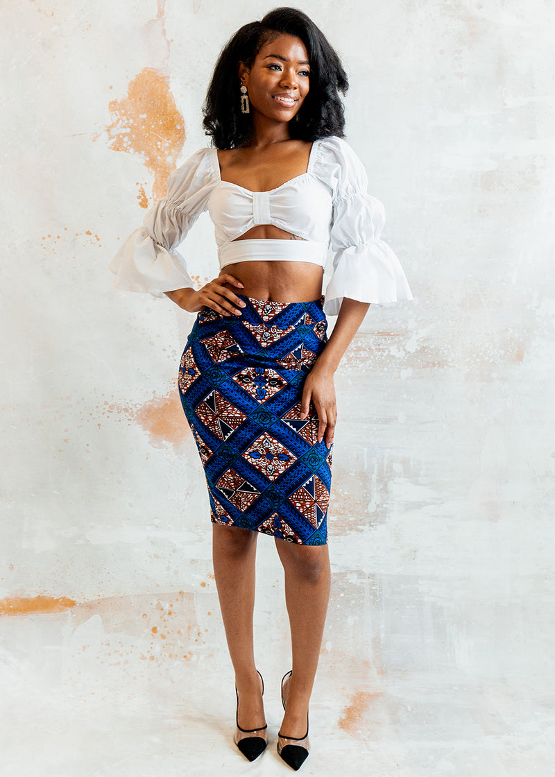 Hadiza Women's African Print Stretch Woven Pencil Skirt (Blue Tan Diamonds)