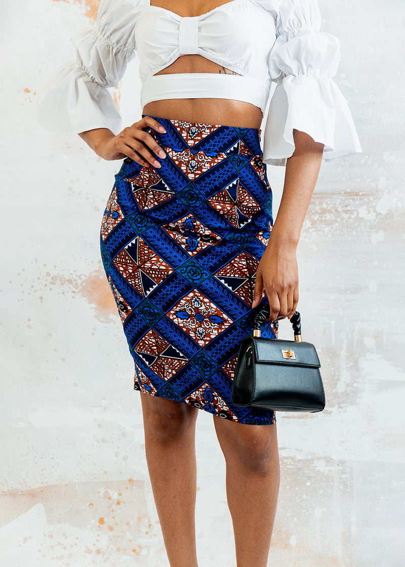 Hadiza Women's African Print Stretch Woven Pencil Skirt (Blue Tan Diamonds)