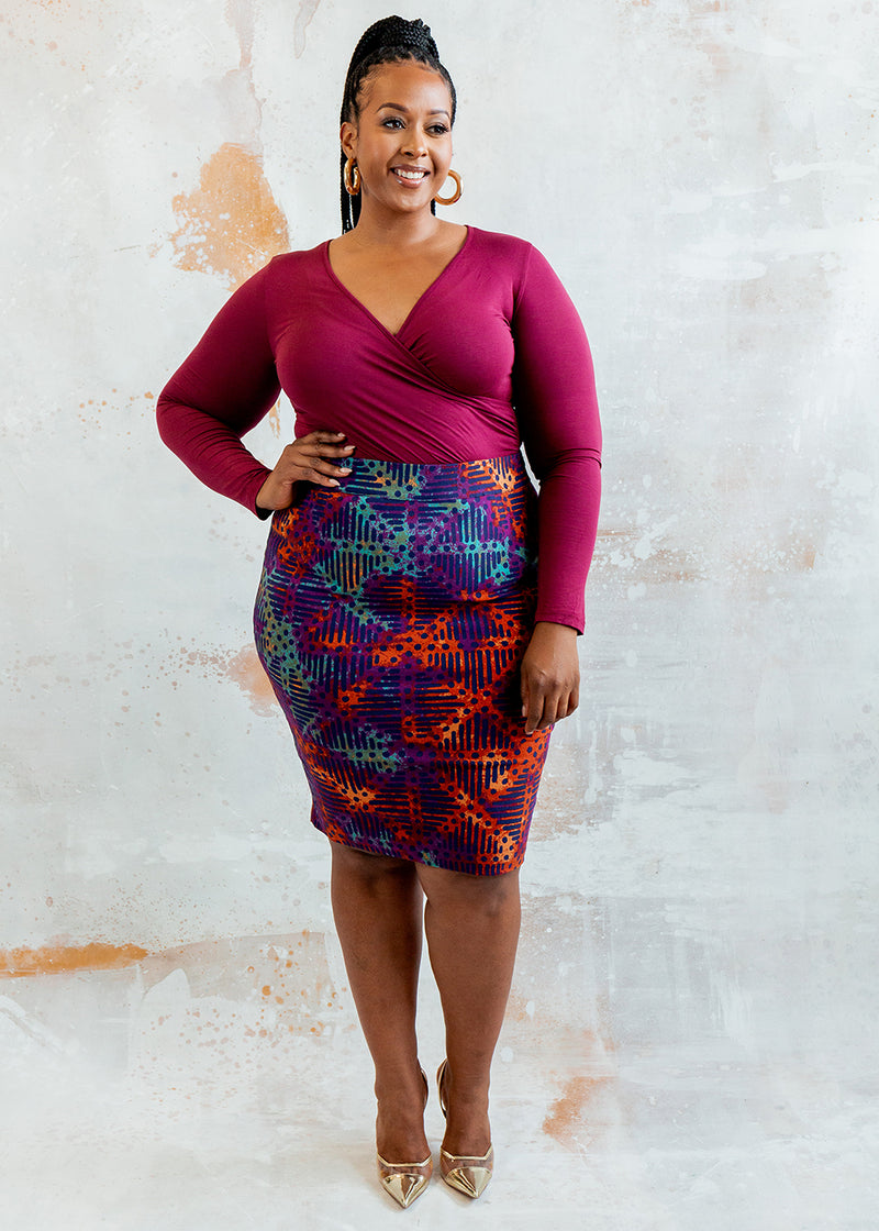 Hadiza Women's African Print Stretch Woven Pencil Skirt (Jade Amber Adire)