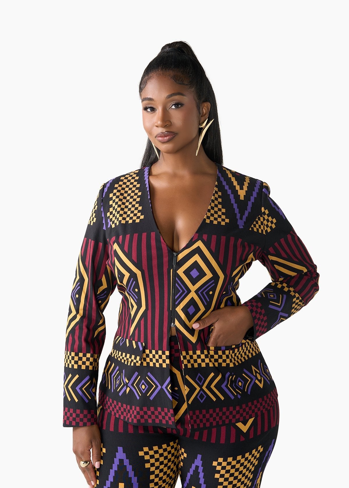 Fafa Women's African Print Stretch Zip-Up Blazer (Black Burgundy Tribal) - D'IYANU