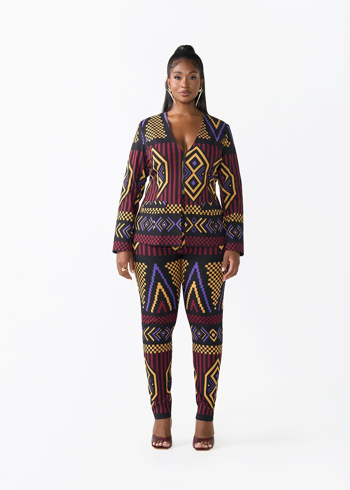 Fafa Women's African Print Stretch Zip-Up Blazer (Black Burgundy Tribal) - D'IYANU