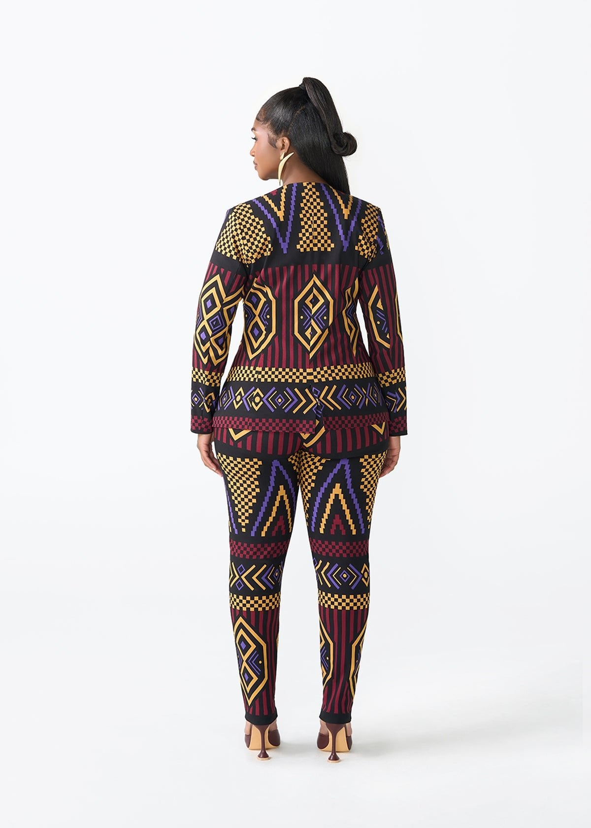 Fafa Women's African Print Stretch Zip-Up Blazer (Black Burgundy Tribal) - D'IYANU