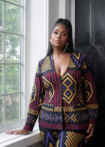 Fafa Women's African Print Stretch Zip-Up Blazer (Black Burgundy Tribal) - D'IYANU