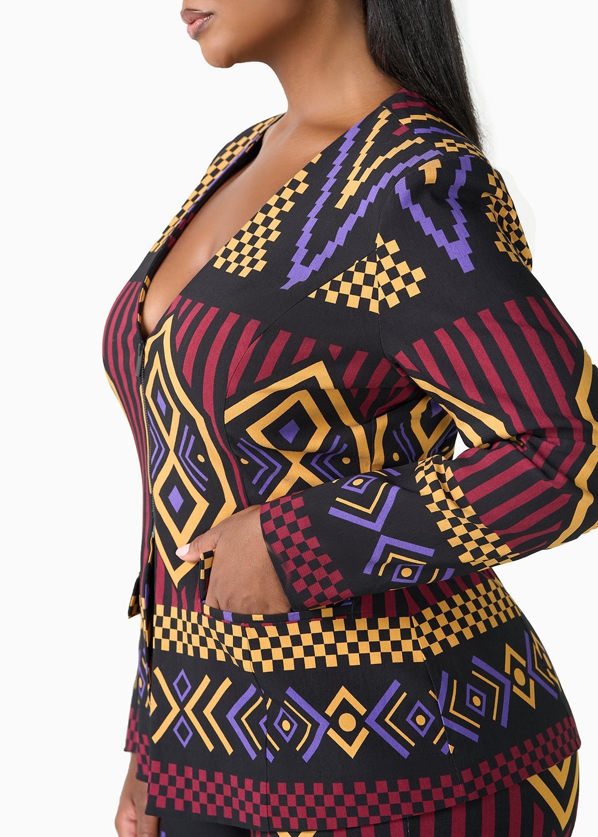 Fafa Women's African Print Stretch Zip-Up Blazer (Black Burgundy Tribal) - D'IYANU