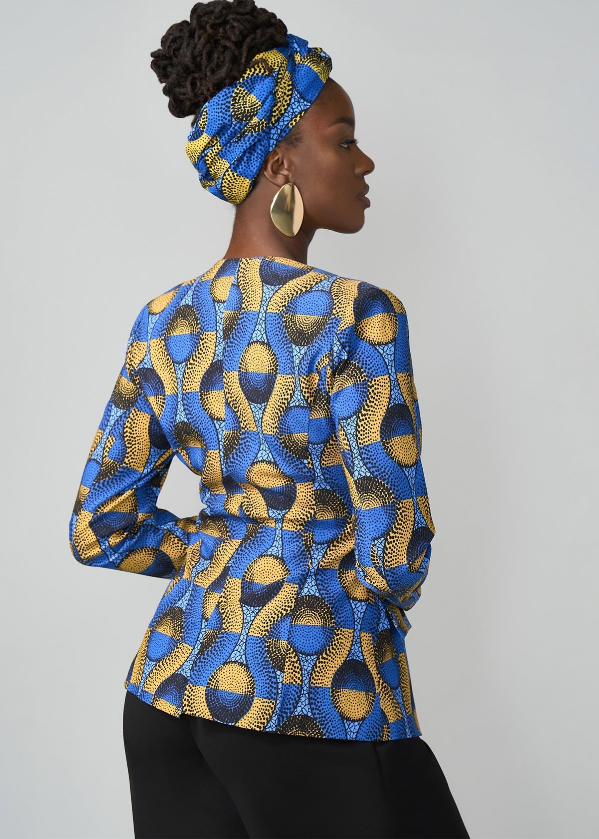 Fafa Women's African Print Stretch Zip-Up Blazer (Blue Gold Circles) - D'IYANU