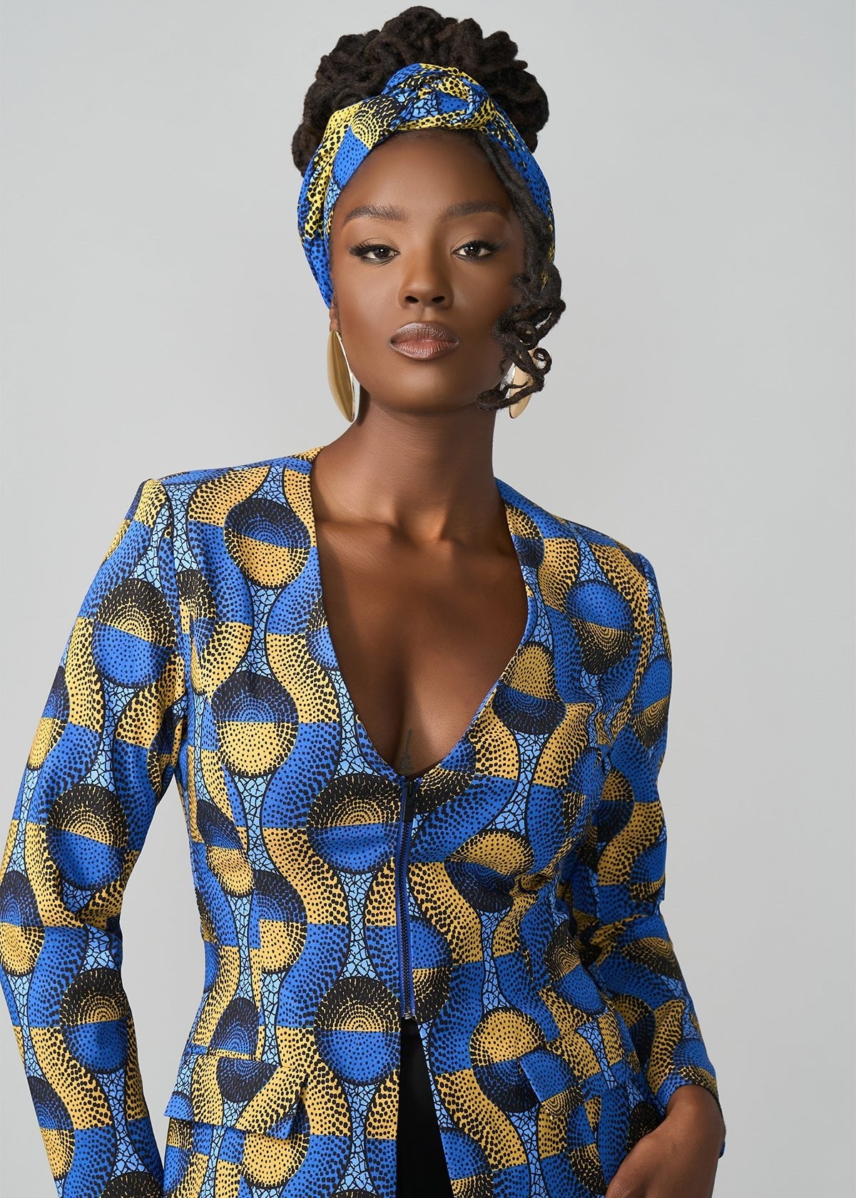 Fafa Women's African Print Stretch Zip-Up Blazer (Blue Gold Circles) - D'IYANU