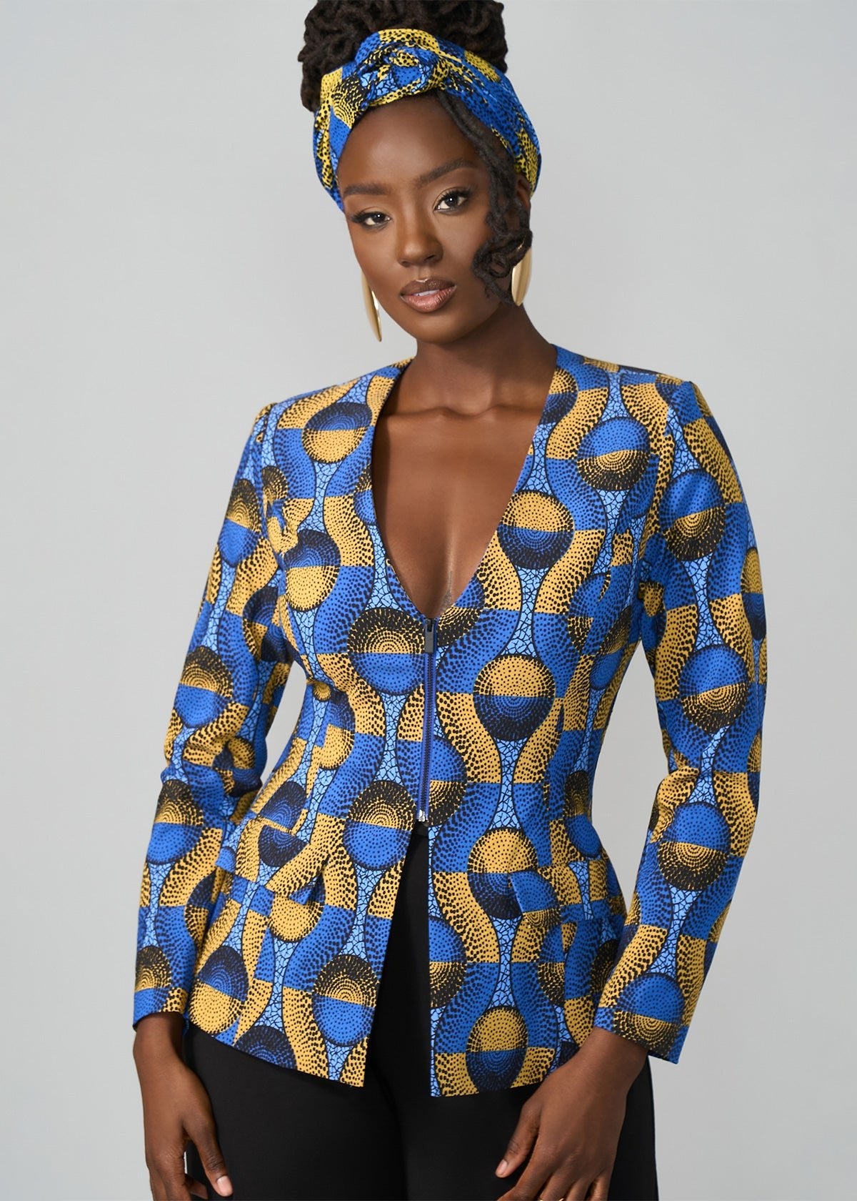 Fafa Women's African Print Stretch Zip-Up Blazer (Blue Gold Circles) - D'IYANU