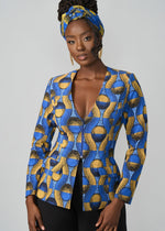 Fafa Women's African Print Stretch Zip-Up Blazer (Blue Gold Circles) - D'IYANU