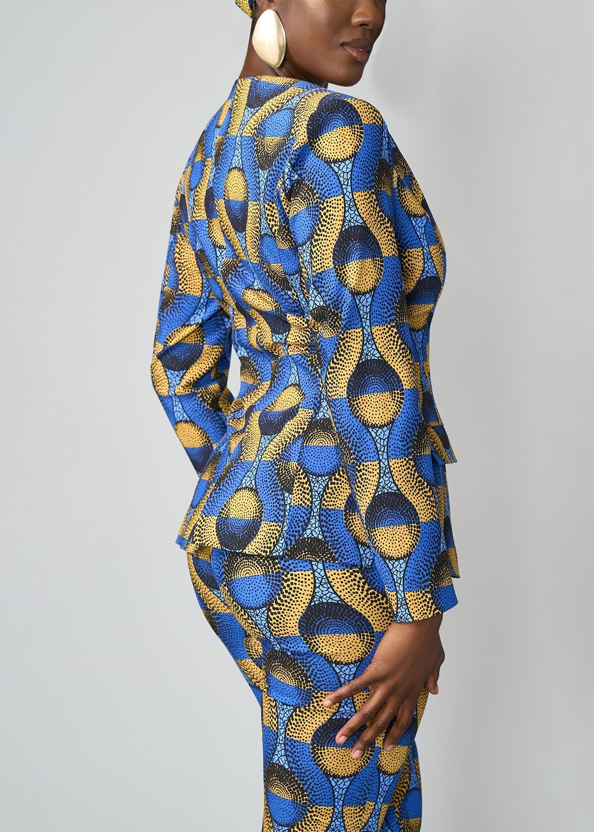 Fafa Women's African Print Stretch Zip-Up Blazer (Blue Gold Circles) - D'IYANU