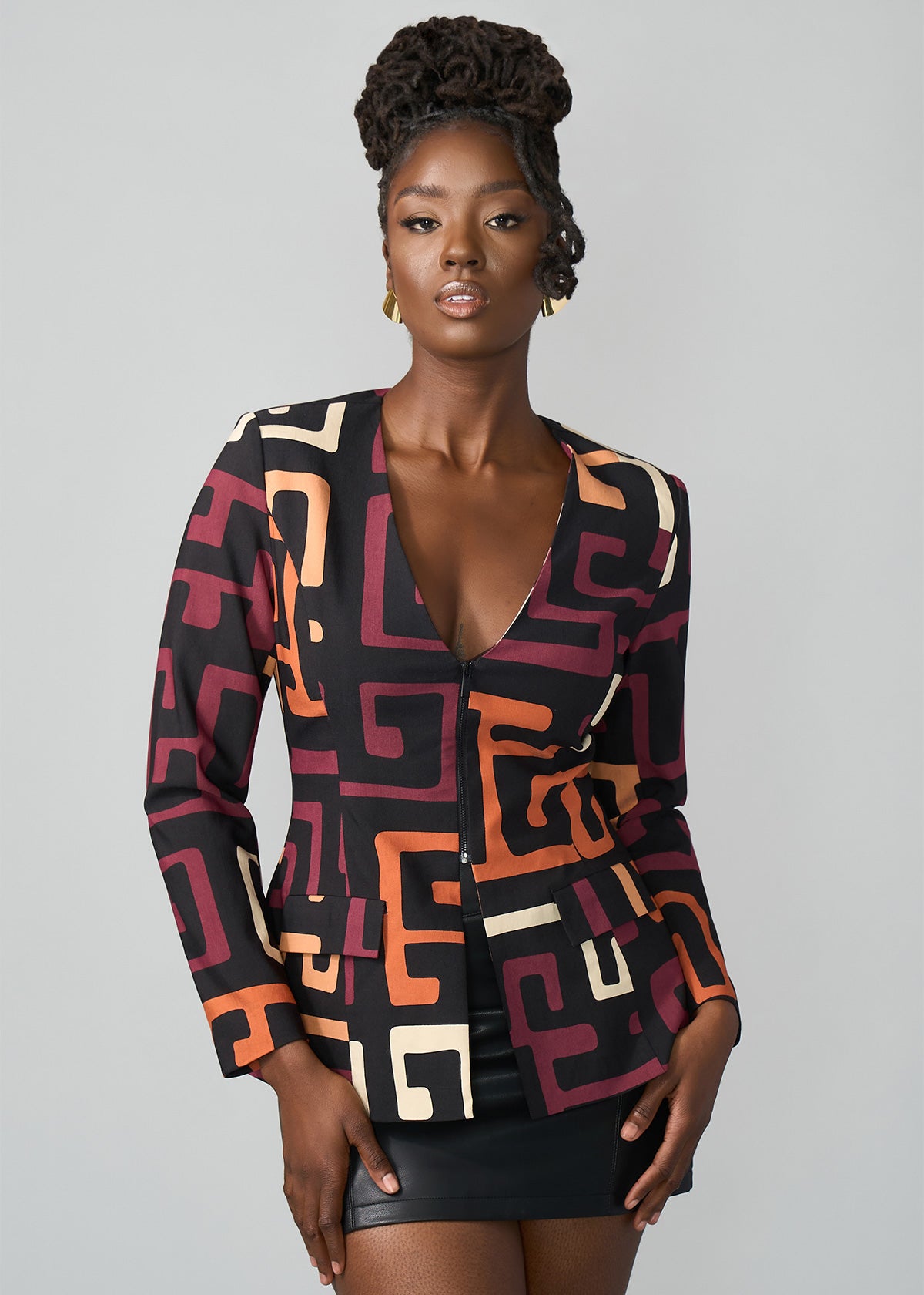 Fafa Women's African Print Stretch Zip-Up Blazer (Neutral Kuba Geometric) - D'IYANU