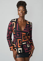 Fafa Women's African Print Stretch Zip-Up Blazer (Neutral Kuba Geometric) - D'IYANU