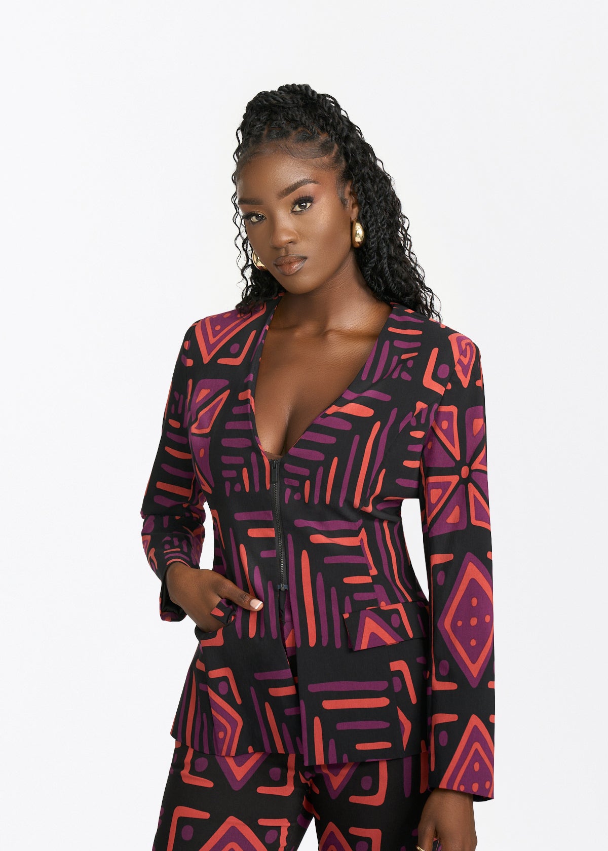 Fafa Womens African Print Stretch Blazer (Black Peach Tribal) - D'IYANU