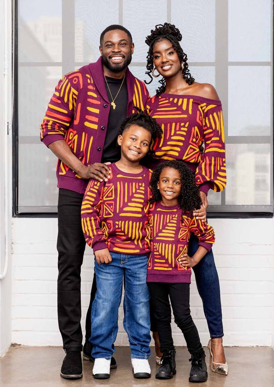 Aren Men's African Print Cardigan Sweater (Plum Gold Tribal) - D'IYANU