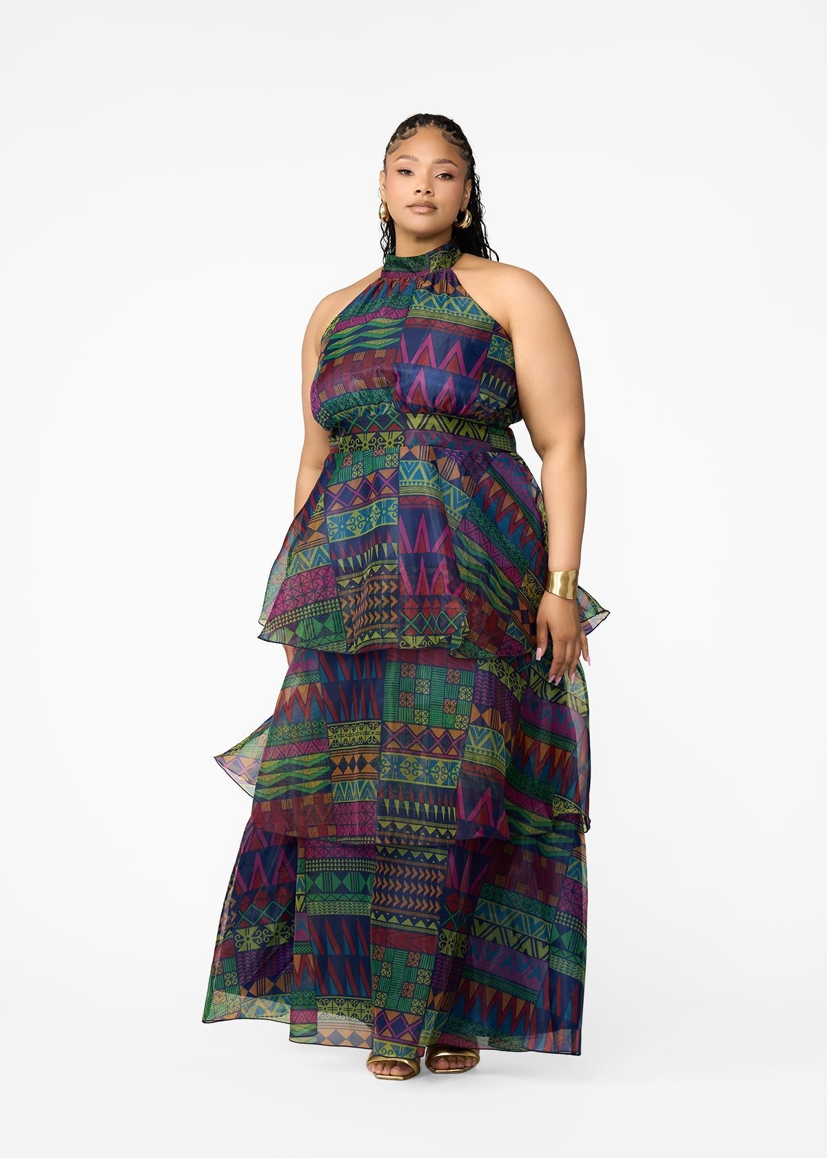 Fatimata Women's African Print Organza Maxi Dress (Navy Green Kente) - D'IYANU