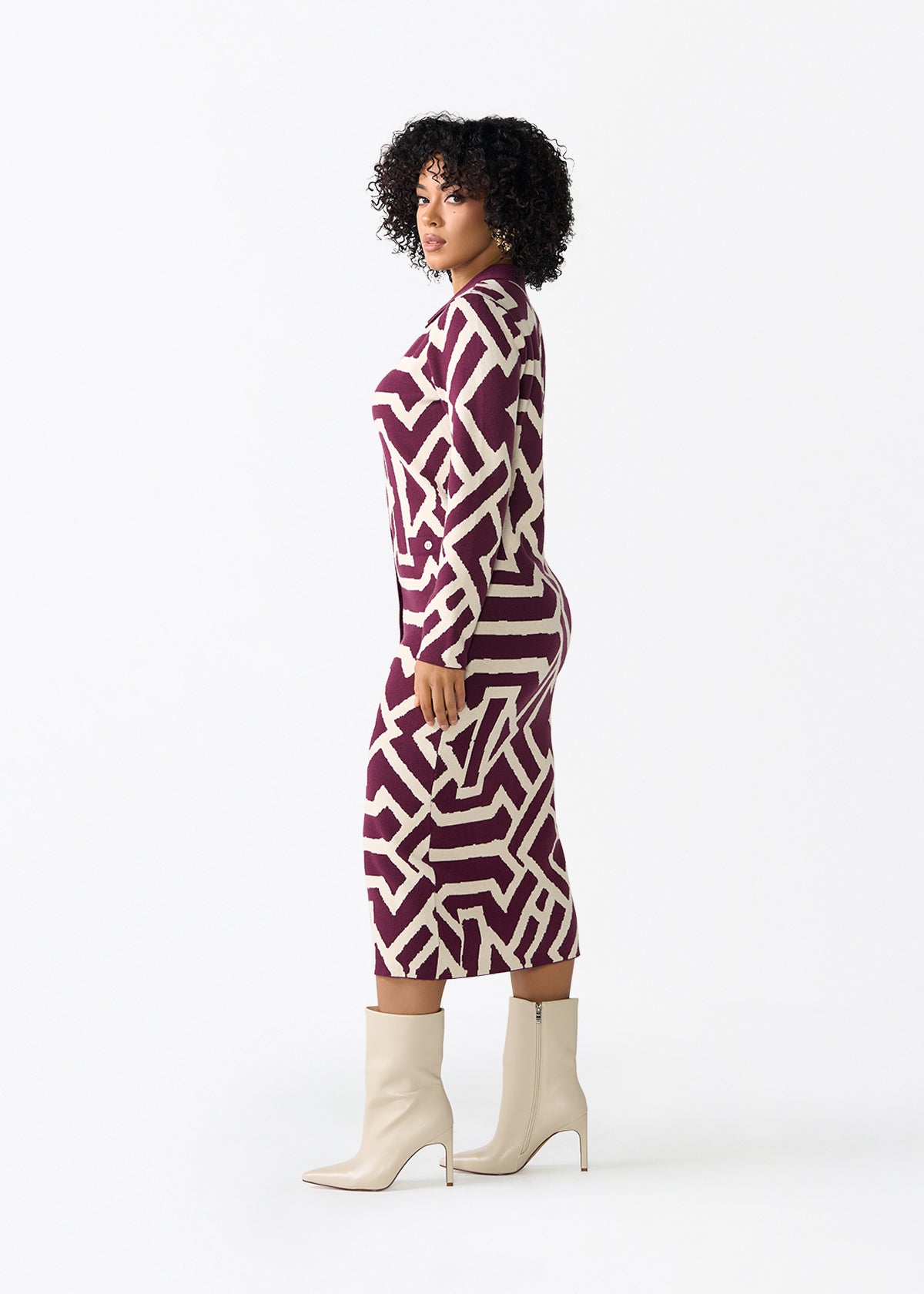 Fawzia Women's African Print Button-Up Sweater Dress (Cream Berry Tribal) - D'IYANU