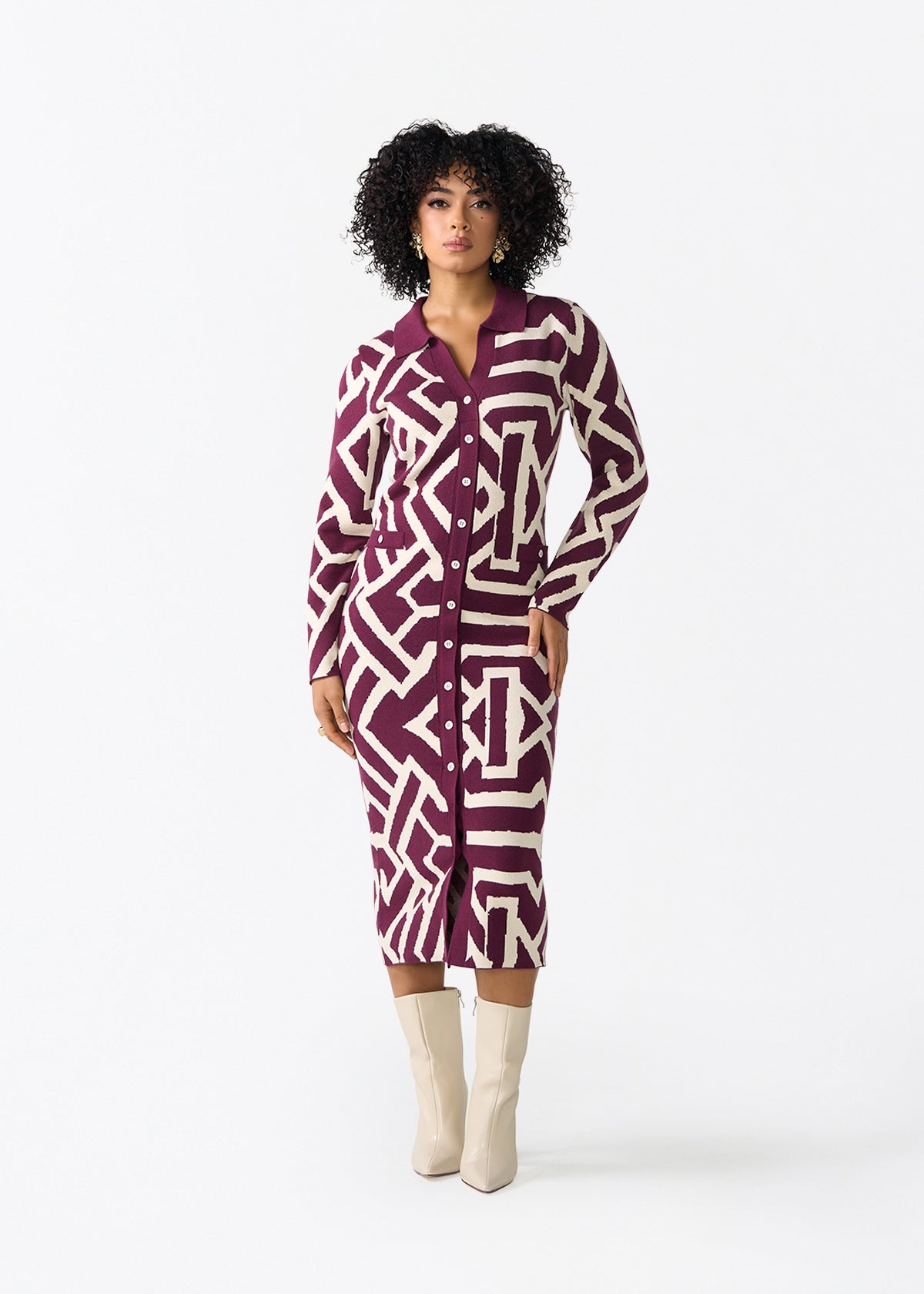 Fawzia Women's African Print Button-Up Sweater Dress (Cream Berry Tribal) - D'IYANU