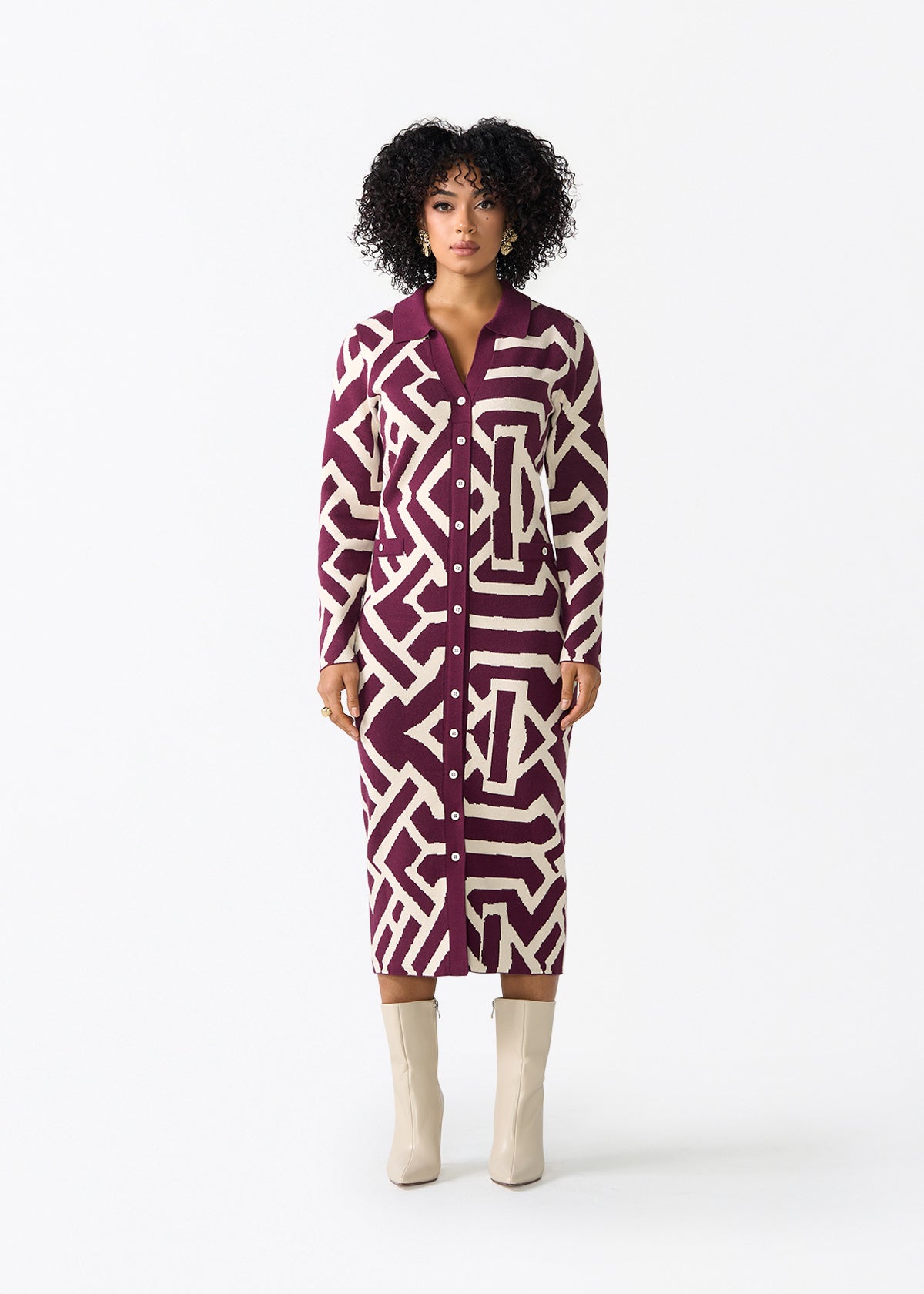 Fawzia Women's African Print Button-Up Sweater Dress (Cream Berry Tribal) - D'IYANU