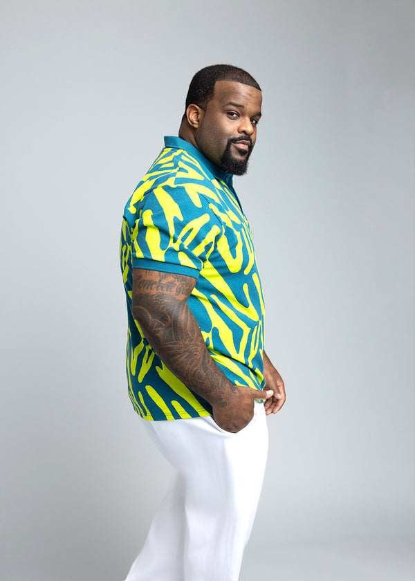 Femi Men's African Print Polo Shirt (Lime Zebra Abstract)