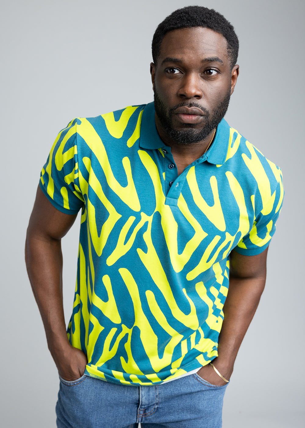 Femi Men's African Print Polo Shirt (Lime Zebra Abstract) Green - D'IYANU