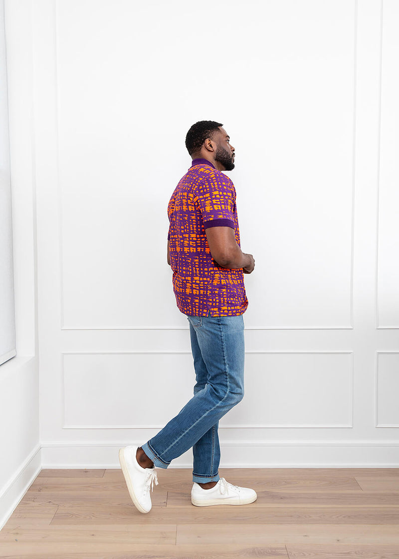 Femi Men's African Print Polo Shirt (Purple Tangerine Adire)
