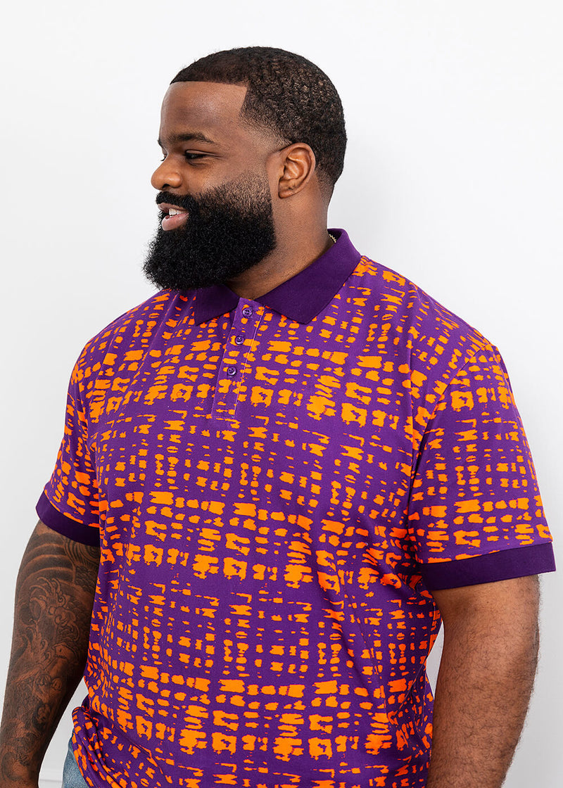 Femi Men's African Print Polo Shirt (Purple Tangerine Adire)