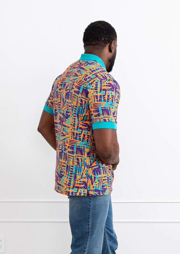 Femi Men's African Print Polo Shirt (Tropical Stamp)