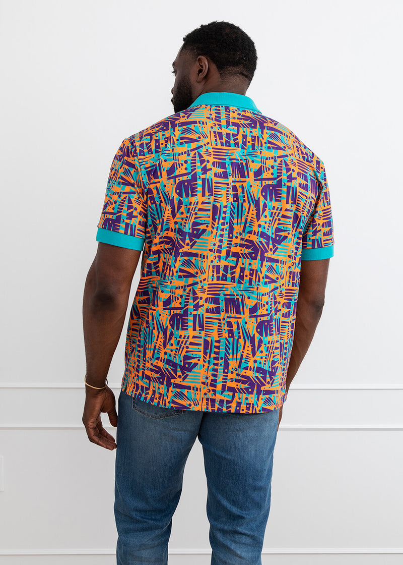 Femi Men's African Print Polo Shirt (Tropical Stamp)