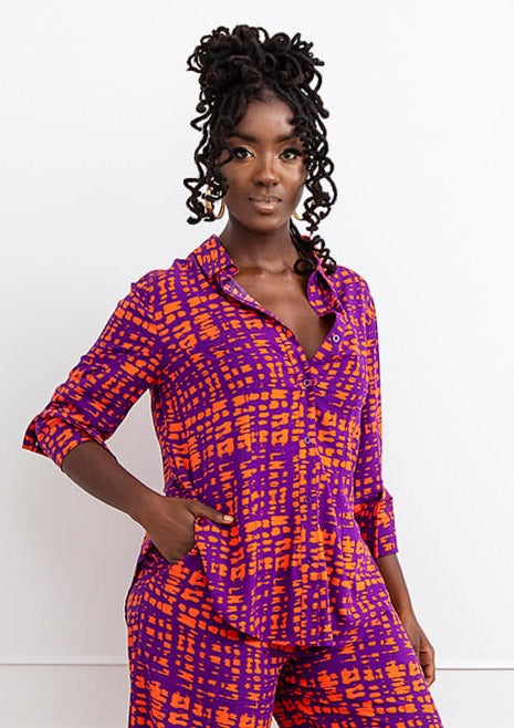 Kwamena Women's African Print Button-Up Shirt (Purple Tangerine Adire)