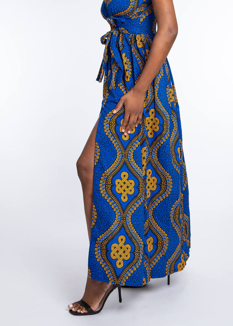 Ronke Women's African Print Maxi Dress (Gold Blue Motif)