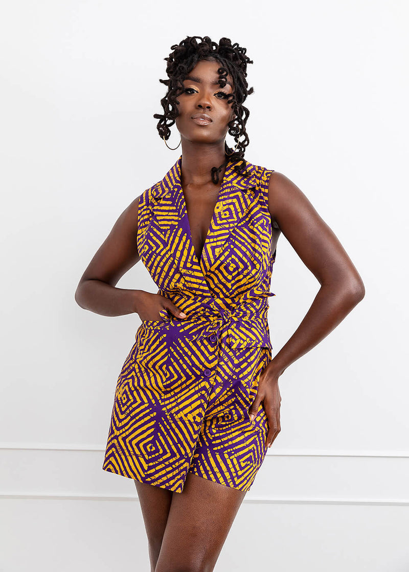 Chichima Women's African Print Blazer Romper (Purple Diamond Adire)