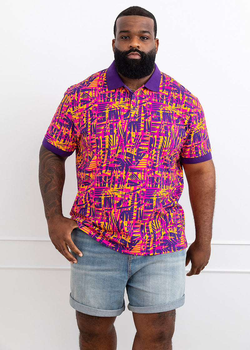 Femi African Print Color-Blocked Polo Shirt (Orange Abstract Leaves)-Clearance