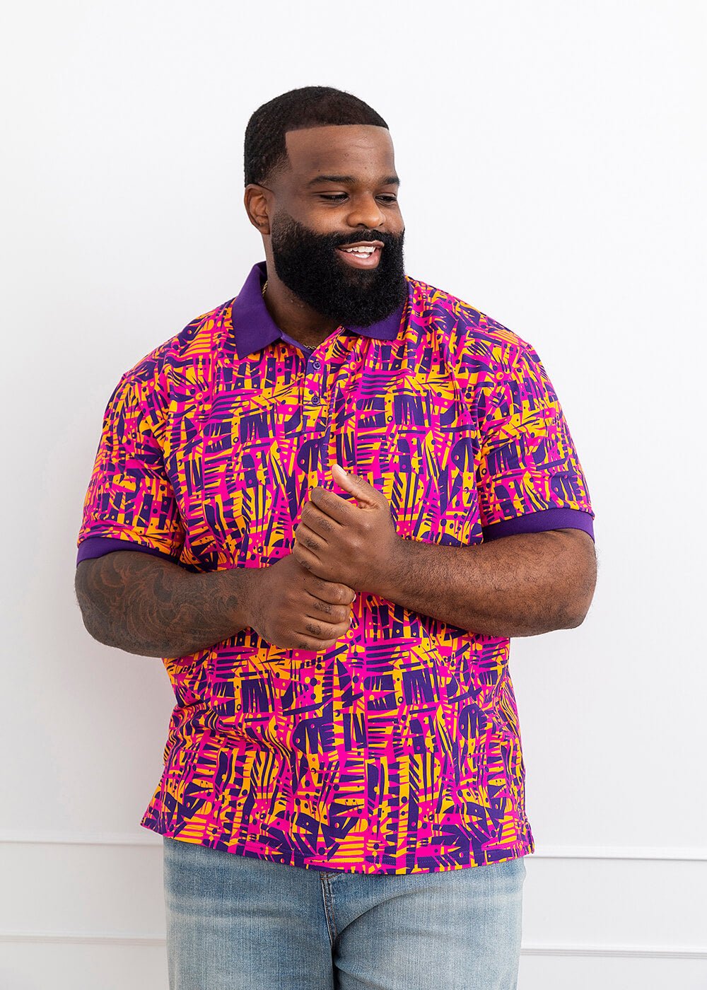 Femi African Print Color-Blocked Polo Shirt (Orange Abstract Leaves)-Clearance - D'IYANU