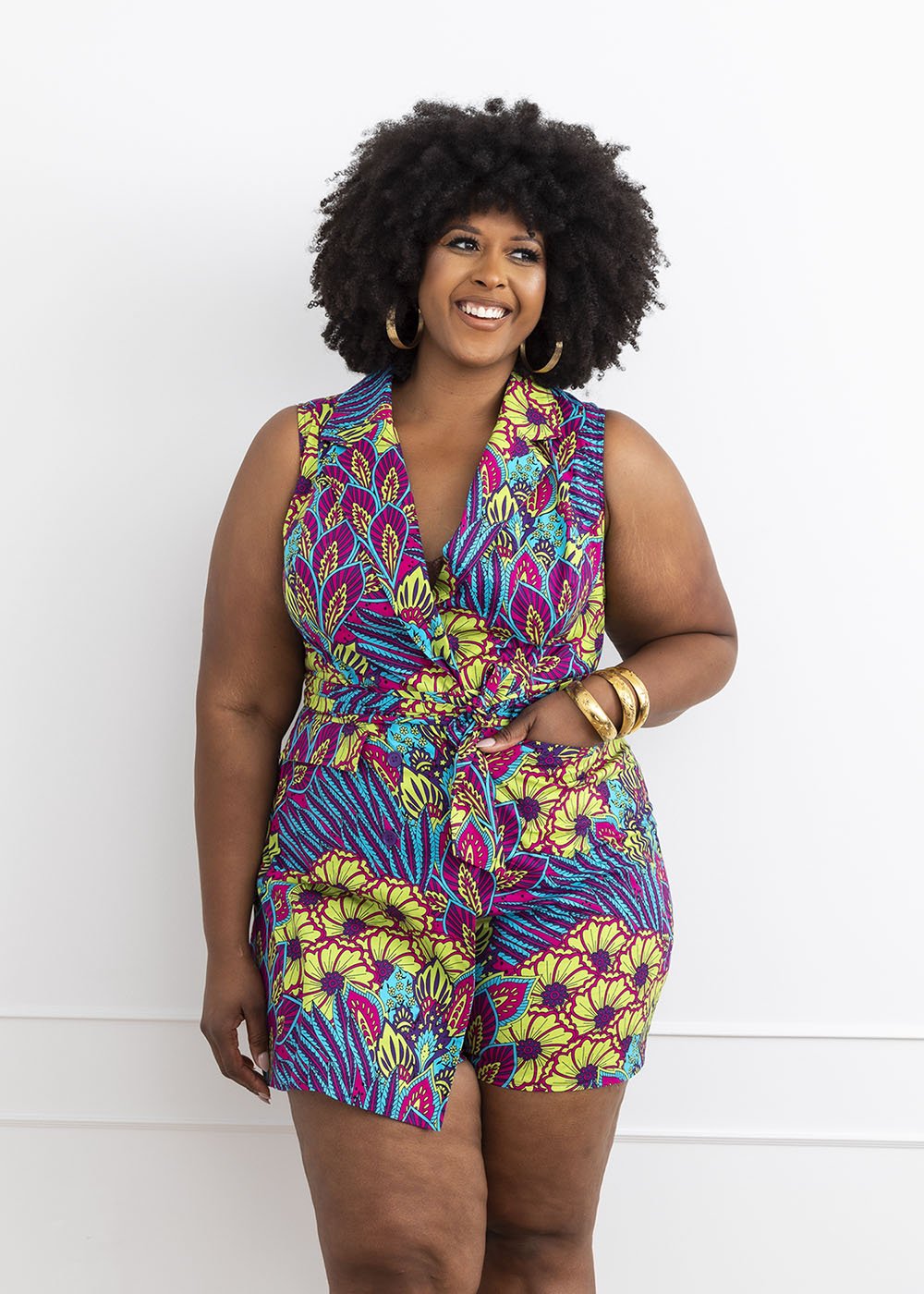 Chichima Women's African Print Blazer Romper (Aqua Flowers) - D'IYANU