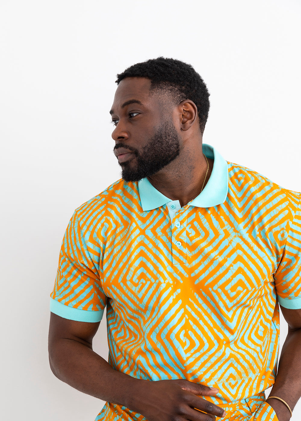 Femi African Print Color-Blocked Polo Shirt (Orange Blue Adire) – D\'IYANU