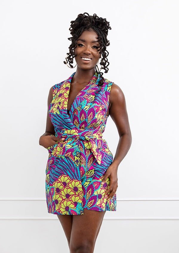 Chichima Women's African Print Blazer Romper (Aqua Flowers) Multicolor - D'IYANU