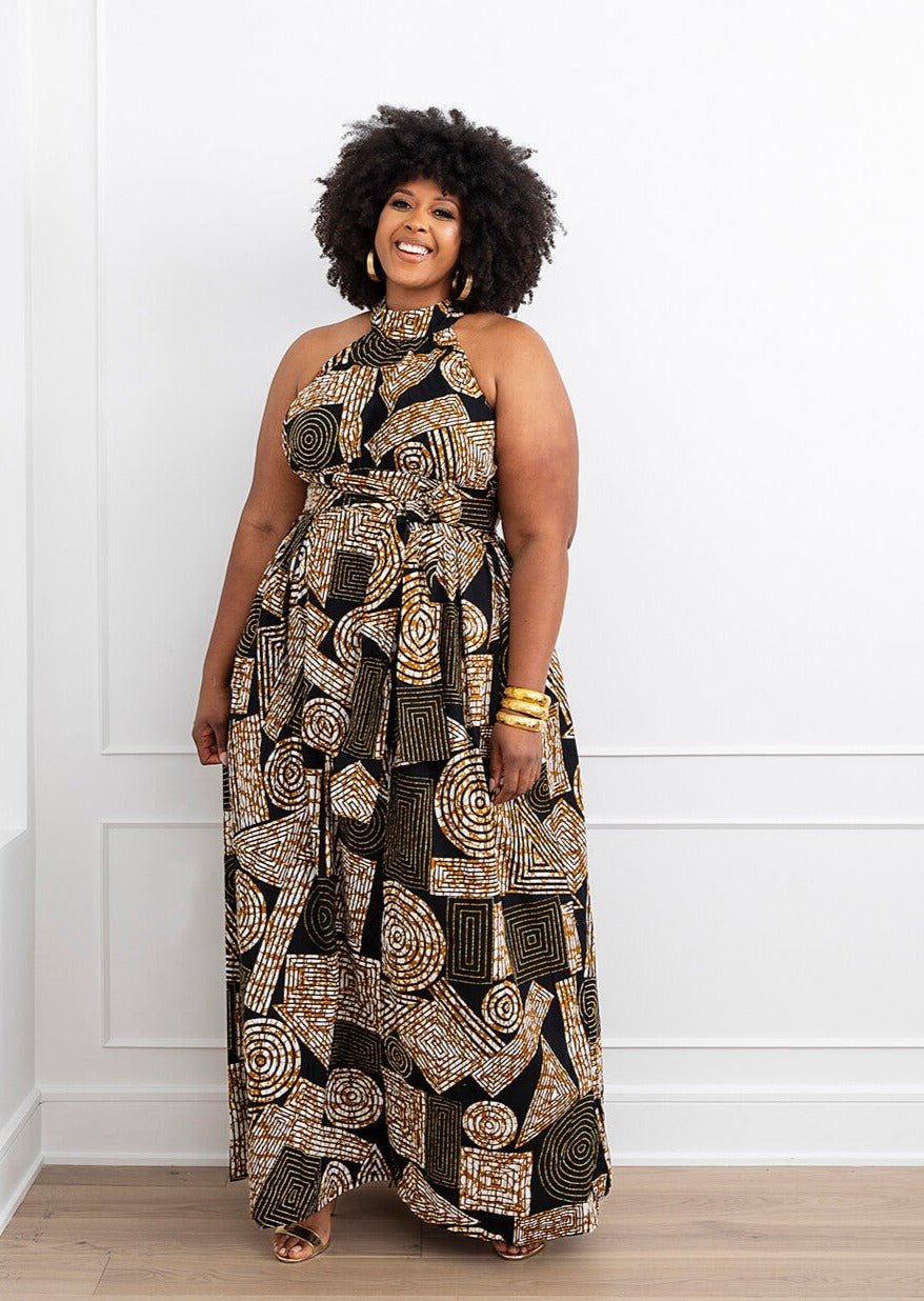Ronke African Print Halter Maxi Dress (Black Brown Geometric) - D'IYANU
