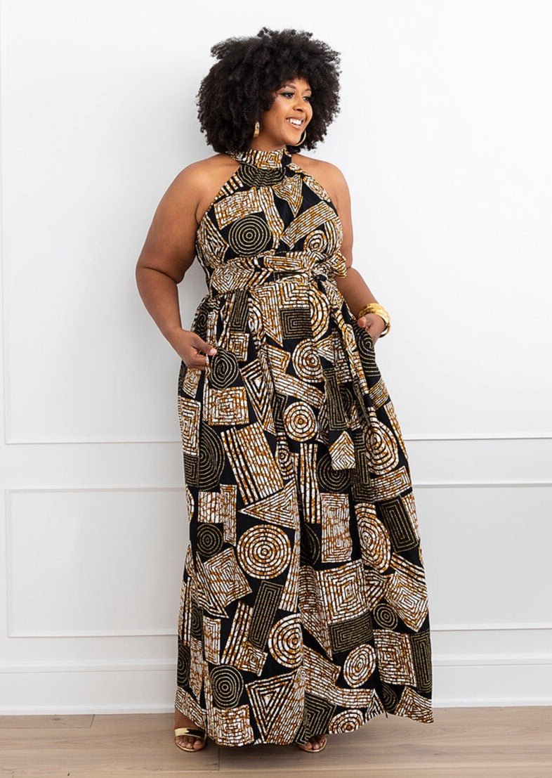 Ronke African Print Halter Maxi Dress (Black Brown Geometric) - D'IYANU