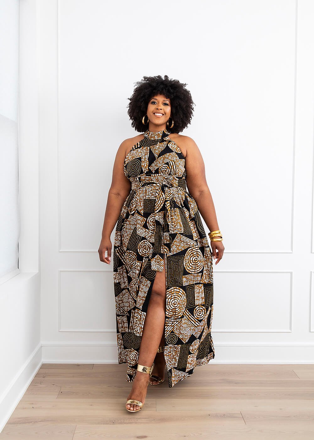 Ronke African Print Halter Maxi Dress (Black Brown Geometric) - D'IYANU
