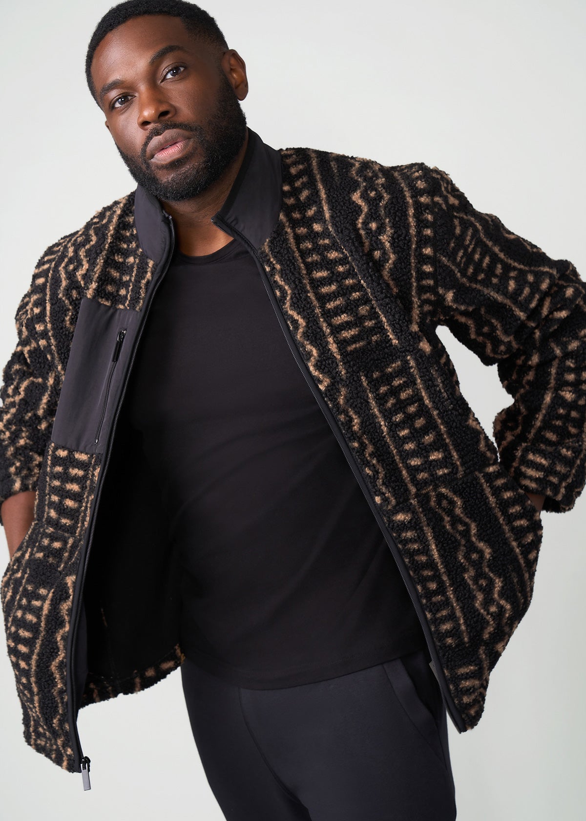 Gatimu Men's African Print Teddy Fleece Jacket (Tan Tribal Lines) - Clearance - D'IYANU