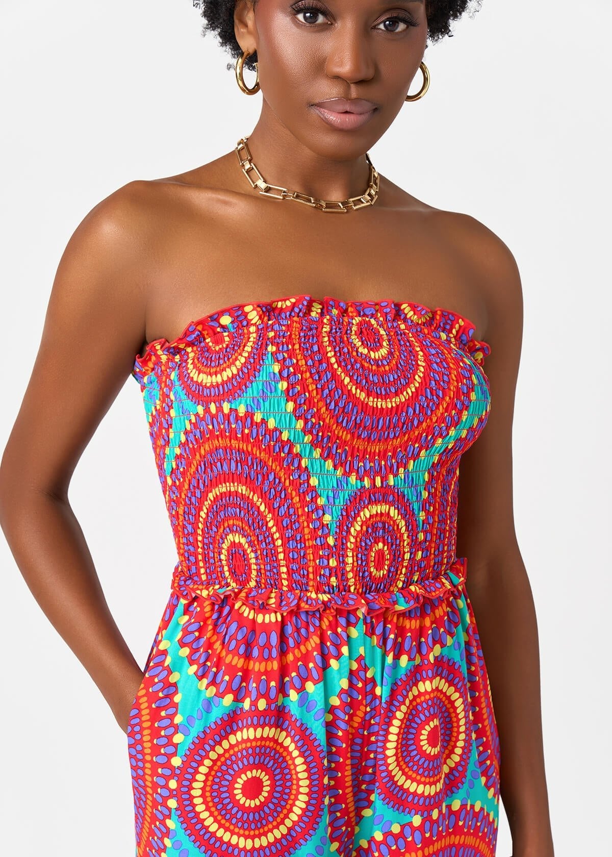 Hadija Women's African Print Jumpsuit (Turquoise Red Circles) - D'IYANU