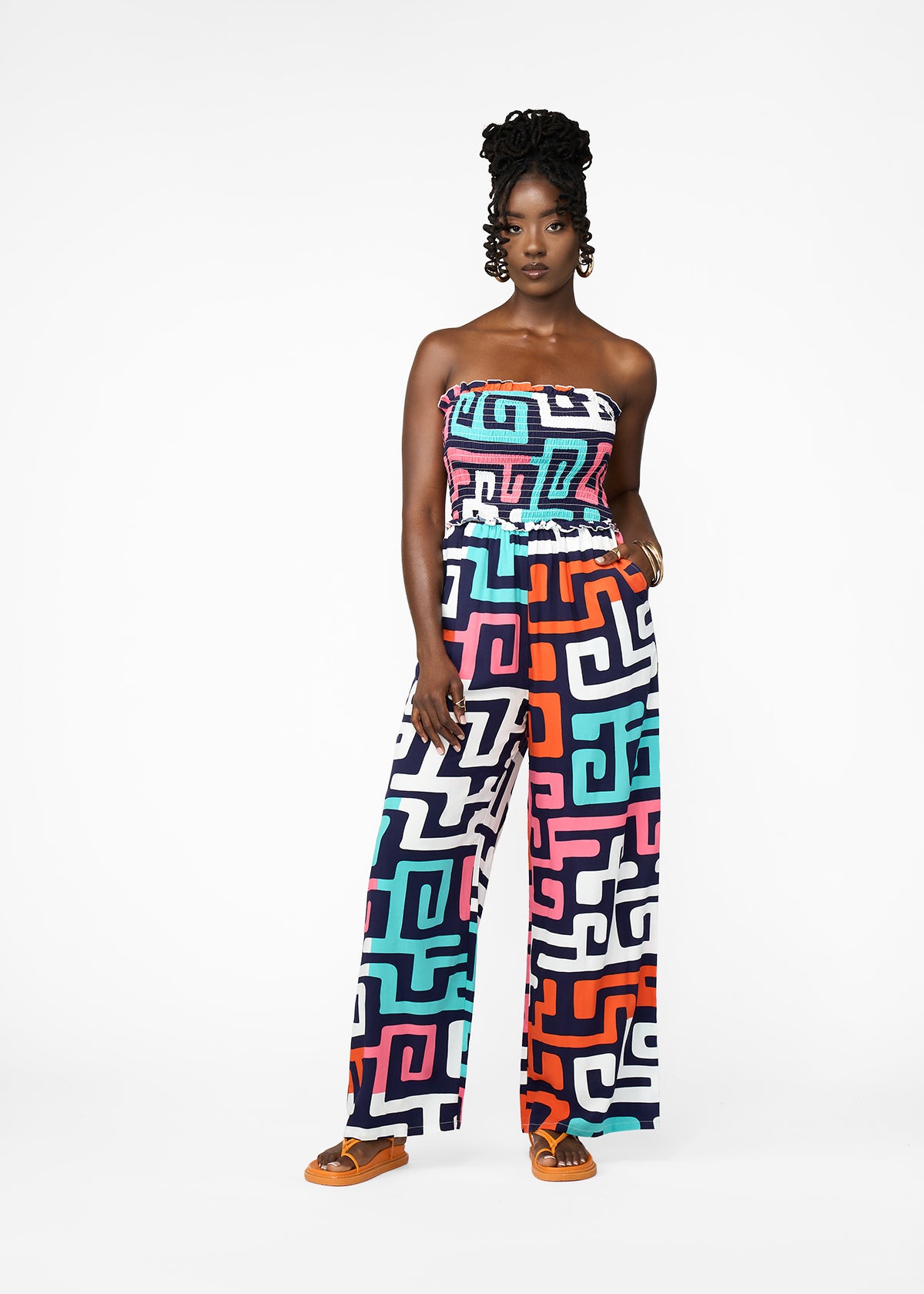 Hadija Women's African Print Smocked Jumpsuit (Confetti Kuba) - D'IYANU